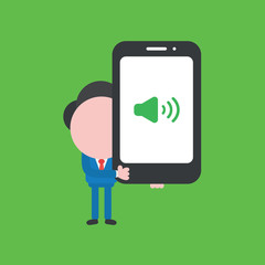 Vector illustration concept of businessman character holding smartphone with speaker sound.