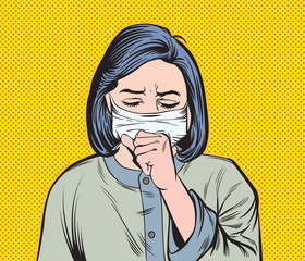 A woman wearing a mask with a cough. Pop art hand drawn style vector design illustrations.