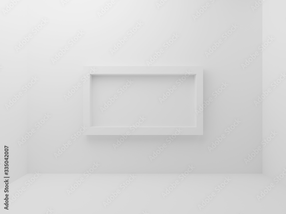 Poster white empty room with mockup photo frame border in middle of wall background. abstract and decorativ