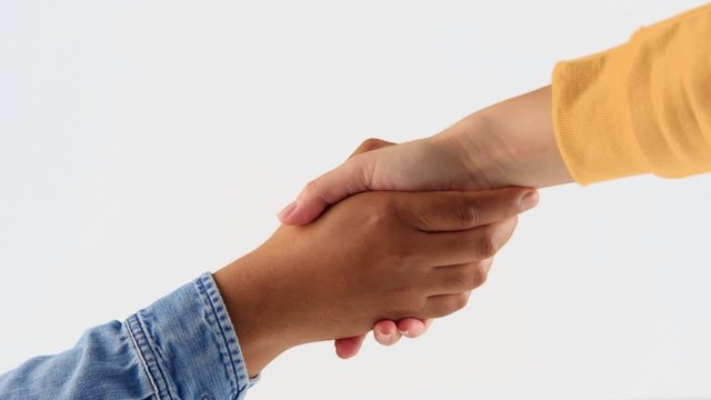 handshake between male hand and female hand with different skin tones on white