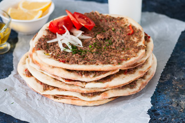 Lahmacun Turkish traditional cuisine, flatbread with minced meat and spices.
