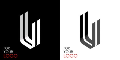 Isometric letter U. From stripes, lines. Template for creating logos, emblems, monograms. Black and white options. 3D art symbol. Vector © pgmart