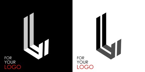 Isometric letter L. From stripes, lines. Template for creating logos, emblems, monograms. Black and white options. 3D art symbol. Vector