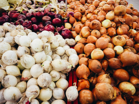 Boxes With Red Onions In A Store, Supermarket, Market