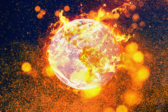Burning planet earth fire inferno. Global warming and environmental disaster concept.