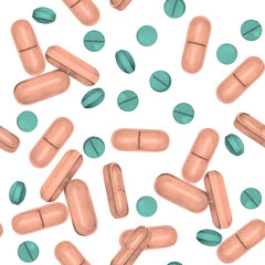 Seamless pattern of tablets, capsule and vitamins