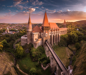 Hunyad Castle.Large panorama of the Corvin's Castle with wooden bridge, Hunedoara, Transylvania,...