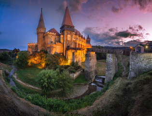 Obraz premium Hunyad Castle.Large panorama of the Corvin's Castle with wooden bridge, Hunedoara, Transylvania, Romania, Europe. 