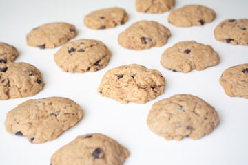 Homemade chocolate cookies in rows on a white background