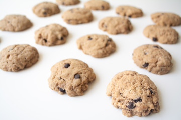Homemade chocolate cookies in rows on a white background