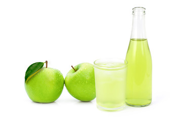 Green apples ( granny smith ) with glass bottle of apple juice isolated on white background.
