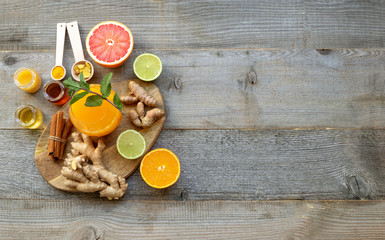 Healthy food immune boosting selection. High in antioxidants, minerals and vitamins. Top view