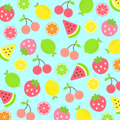 Colorful fruit pattern.Strawberry ,lemon ,lime ,citrus ,cherry grapefruit ,orange and watermelon isolated on blue pastel background.Design for print or screen ,wrapping paper ,fabric ,wallpaper.vector