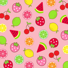 Colorful fruit pattern.Strawberry ,lemon ,lime ,citrus ,cherry grapefruit ,orange and watermelon isolated on pink pastel background.Design for print or screen ,wrapping paper ,fabric ,wallpaper.vector