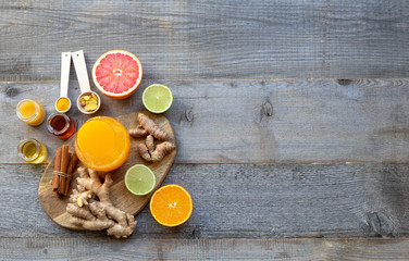 Healthy food immune boosting selection. High in antioxidants, minerals and vitamins. Top view