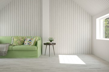 White living room with sofa. Scandinavian interior design. 3D illustration