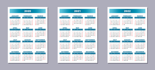 Set of 3 calendar templates, English language, Sunday first. 2020, 2021, 2022 year vector gradient