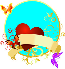 Fototapeta premium Blue circle with golden border, scroll vintage banner and butterlies colorful frame sticker