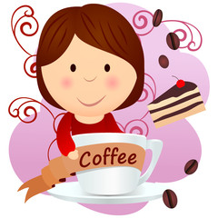 girl hugging coffee cup cartoon vector with cherry pie and coffee beans flourish background