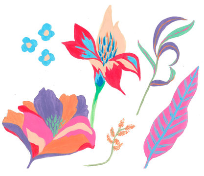 abstract flowers and leaves illustration gouache in artsy illustration