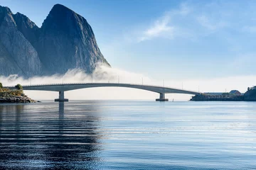 Papier Peint photo Reinefjorden Bridge between Kvalvika and Sakrisoya, small islands on Lofoten archipelago..Near Reine.