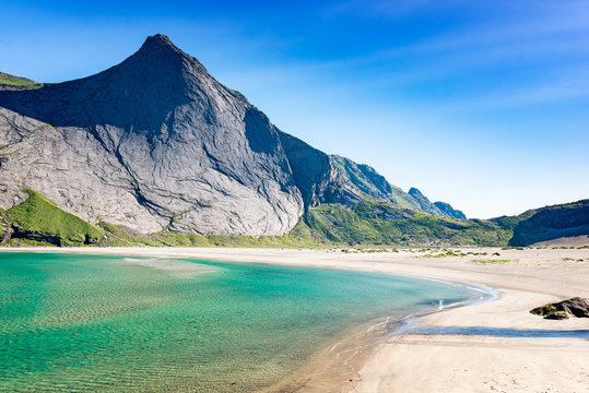 Panoramic view of the Bunes beach. Lofoten island.