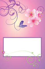 violet and pink spring template with butterfly and flowers