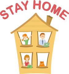 Cartoon house with a family inside: mom, dad, daughter, cat. They stay at home to protect themselves from the coronavirus. Above warning (inscription) Stay home.