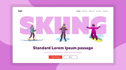 Winter activities for kids set. Children skiing, snowboarding, country landscape with house. Flat vector illustrations. Country, vacation concept for banner, website design or landing web page