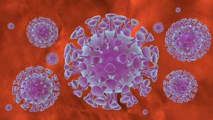 COVID-19 virus. SARS-CoV-2. micro image of coronavirus in virus outbreak disaster. influenza background. pandemic medical health risk concept. 3D illustration rendering.