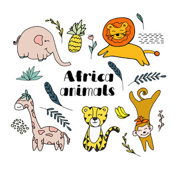 Set of africa animals isolated on white background. Lion, elephant, monkey, tiger, giraffe, pineapple, leaves. Africa animals for children posters, textiles, t-shirts.