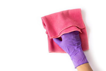 hand with gloves holding pink duster microfiber cloth for cleaning isolated on white background with clipping path.