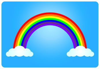 Colored Rainbow with clouds. Blue background Vector Illustration.