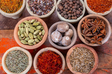 Indian spices collection, dried colorful condiment, nuts, pods and seeds and another spices in clay bowls