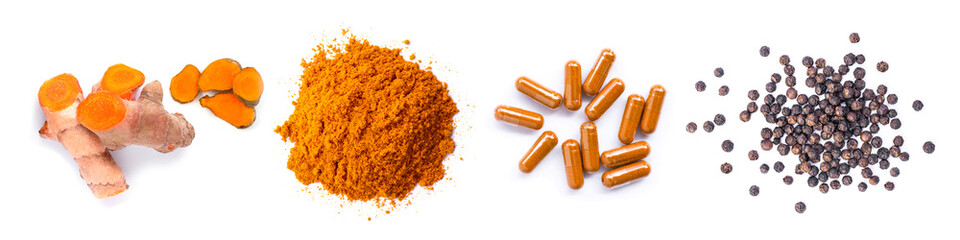 Pile of tumeric root with slice, curcumin powder, Curcuma capsules and black peppercorns isolated on white background. Health benefits and antioxidant food concept. Top view. Flat lay. 