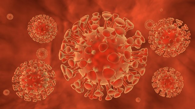 COVID-19 virus. SARS-CoV-2. micro image of coronavirus in virus outbreak disaster. influenza background. pandemic medical health risk concept. 3D illustration rendering.