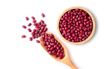 Red small Azuki beans ( Adzuki or japanese red bean ) in wooden bowl and scoop isolated on white background. Top view.