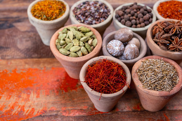 Indian spices collection, dried colorful condiment, nuts, pods and seeds and another spices in clay bowls