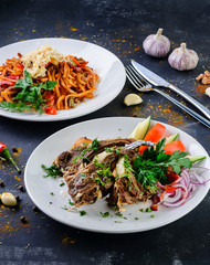 lamb ribs and pasta food concept of healthy traditional food