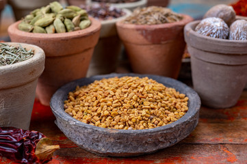 Indian spices collection, dried fenugreek seeds and another spices in clay bowls