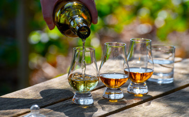 Tasting of scotch single malt whisky from Islay island, most intensely flavoured of all whiskies in...