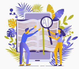 Conceptual flat illustration about reading books. Obtaining knowledge, rest, training, information. People read books with magnifying glass. Isolated on a white background. Tropical leaves