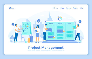 Project Management, Application Service for corporate managing, Team control, Manager work. Business team working on projects. landing web page design template decorated with people characters. 