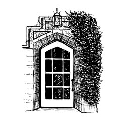 A weathered arched vintage door french styled silhouette. lamp, tree, brick wall. hand drawn illustration. Ink pen