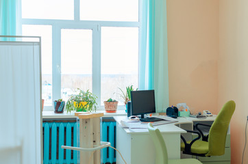 workplace of a doctor with medical equipment in a hospital. isolation doctor's office. quarantine....