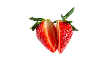 Two fresh strawberry pieces on white background