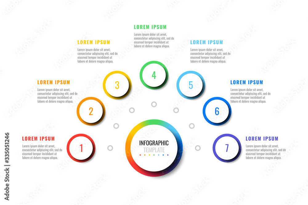 Aufkleber business infographic template with seven round realistic elements on a white background. modern vect