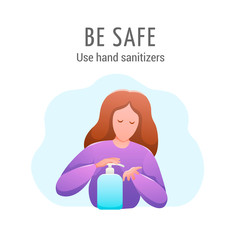 Obraz premium Medicine banner flat design isolated. Virus prevention and protection. Woman uses hand sanitizer. Coronavirus alert.Vector illustration.