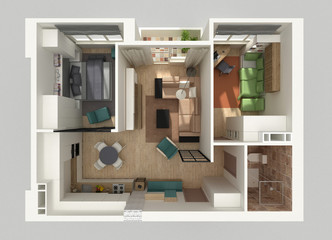 Apartment interior top view on white background. 3D render