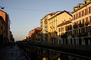 Canal and ancient building at cockcrow in city center